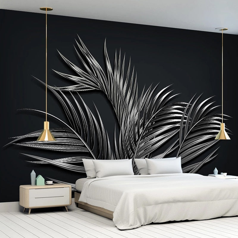 3D Wallpaper Black Tropical Steel Leaf